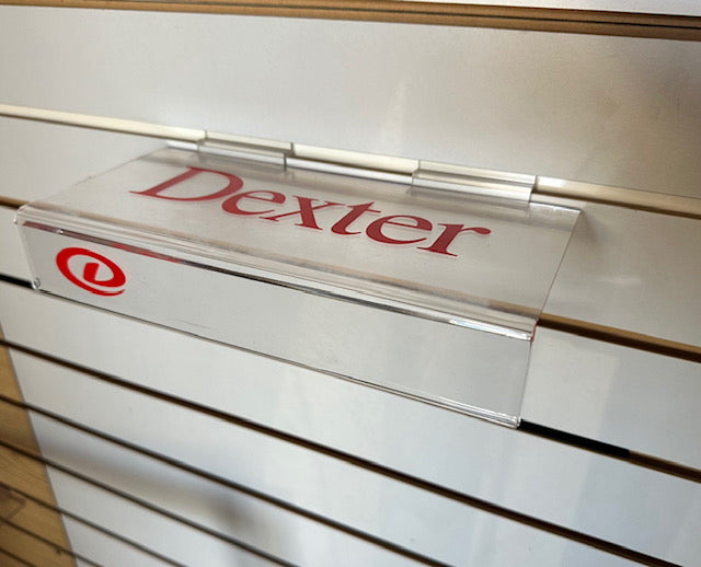 Clear slatwall shoe shelf with logo