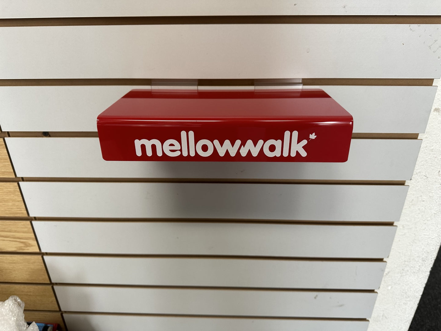 Slatwall shoe shelf display red with white printing