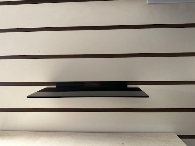 Slatwall shelf black acrylic.  Red and blue and yellow and orange and gray also available.