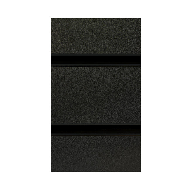 Black slatwall panels with black metal inserts are 4'h x 8'w
