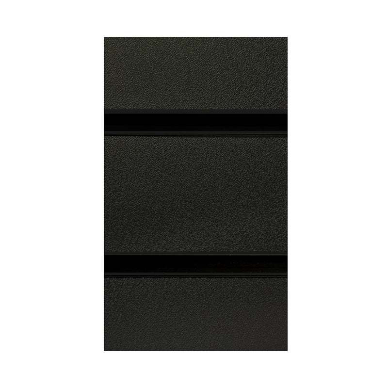 Black slatwall panels with black metal inserts are 4'h x 8'w