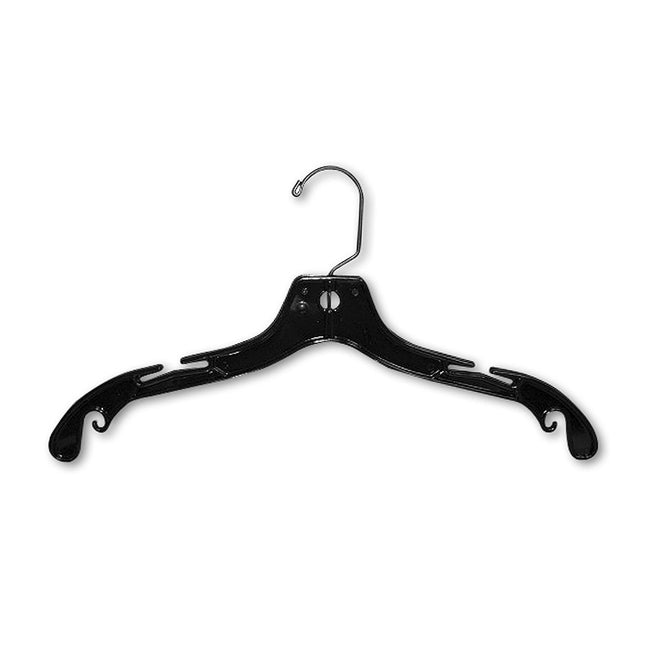 Black plastic top hangers with black swivel hook.  50 pcs per box 