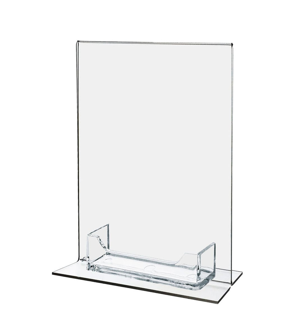 Mini gift card holder for counter top.  Holds 4 x 6 marketing and a stack of cards.