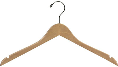 Natural wood hangers 17" flat top hangers with chrome hook