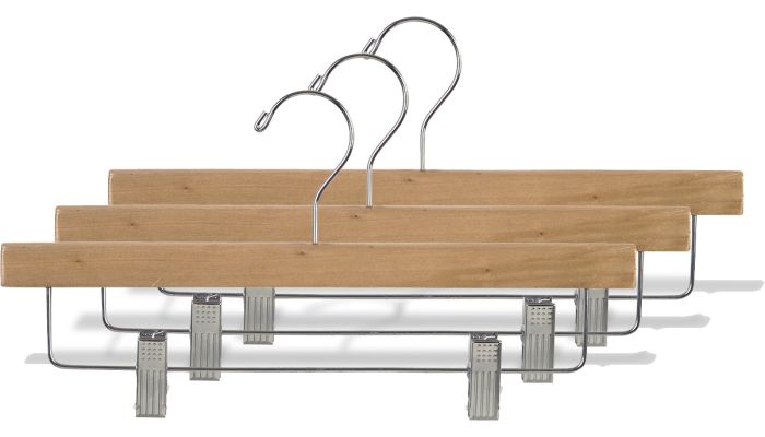 Natural wood pants hangers with clips for skirts and bottoms and pants