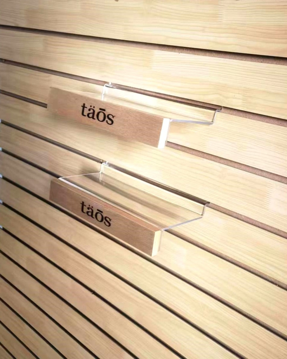 Plastic slatwall shelf with wood face