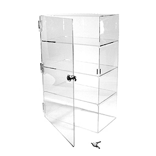 Clear plastic display case for counter or slatwall with lock